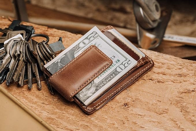 House of Jack Co. Carryall Slim Money Clip Wallet for Men, Strong Magnetic Clip, Front Pocket Wallet Card Holder, Full Grain Cowhide Leather,Tan