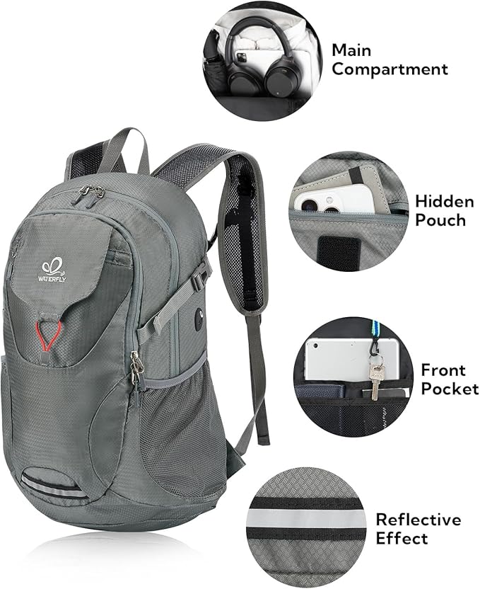 WATERFLY Lightweight Packable Hiking Backpack: 30L Foldable Travel Daypack Ultralight Camping Day Pack for Woman Man