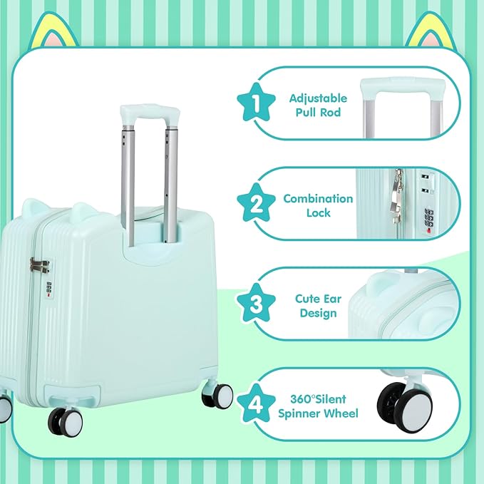 20" Ride-On Travel Suitcase for Kids, Cute Ear Toddler Carry on Luggage with Spinner Wheels, Children Rolling Trolly Luggage with Combination Lock (Green)