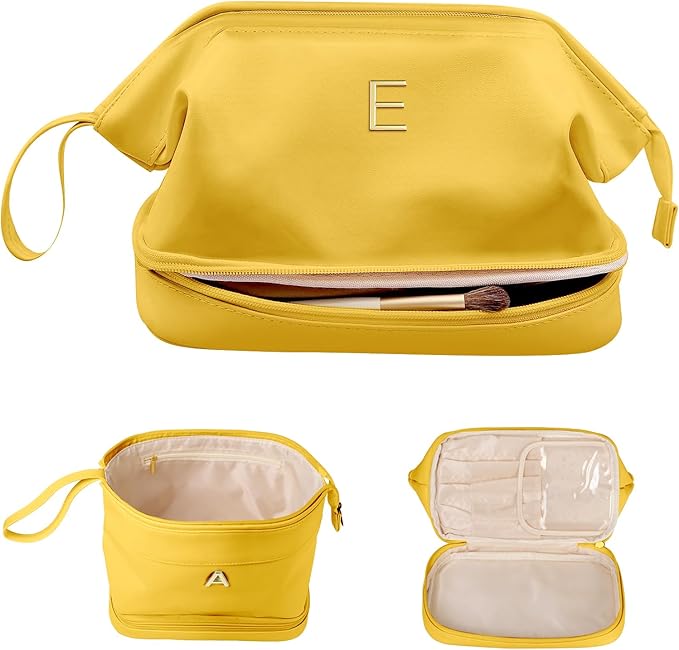 Senior Gifts, Initial Makeup Bag, Travel Gifts, Personalized Bags, Waterproof Double Layer Cosmetic Bag, Large Capacity PU Leather Makeup Bags Letter Travel Toiletry Bag, Friend Gifts