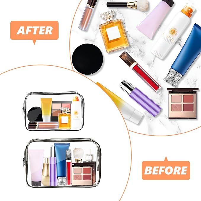AURUZA 6 Pack Clear Toiletry Bag,Portable Travel Makeup Bags with Zipper, TSA Approved Clear Organizer Bags, PVC Cosmetic Pouch for Airport Airline Compliant (6 Packs Black)