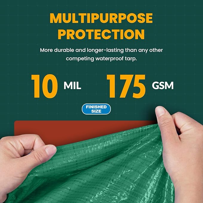Large Waterproof Tarp - Heavy Duty 10 Mil Thick Poly Tarpaulin Ideal for Canopy Tents, Boats, RV or Pool Covers - Multipurpose Protective Tarps with Grommets for Indoor and Outdoor Use | 50' x 100'