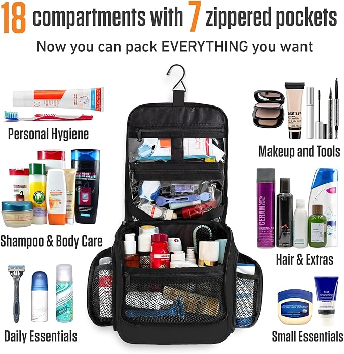 VENTURE 4TH Hanging Travel Toiletry Bag for Women & Men - Travel Organizer with Expandable Compartments & Removable Clear Pouch for Toiletries (Black)