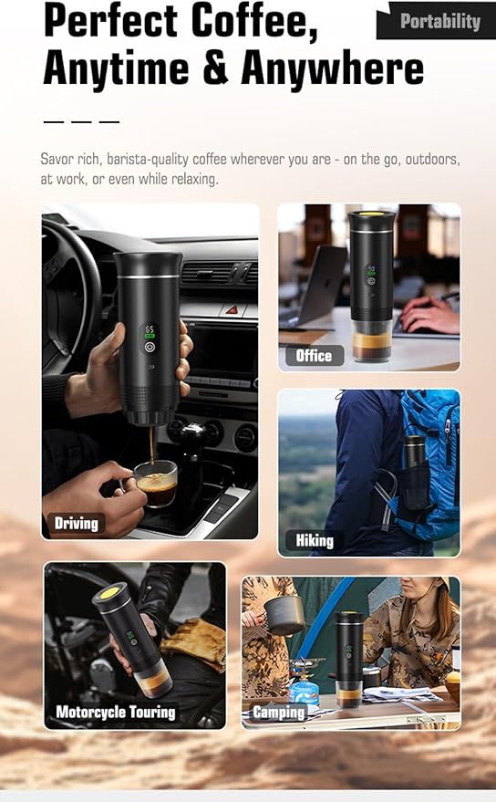 Portable Electric Coffee Maker, Digital Display, Compatible with Coffee Pods,Rechargeable Coffee Machine for Travel, Camping, RV,Home,Office (white)