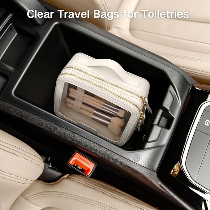 PACKISM Double Layer Clear Makeup Bag - Pebbled Texture & Hard PU Leather Car Bag Organizer for Car Essentials, with Message Card Travel Cosmetic Bag for Women Gift (Cream 2 Layer)