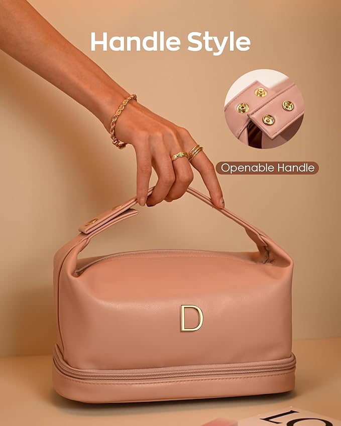Wedding Gift-Travel Essentials, Presents for Women Makeup Bag with Handle, Initial Cosmetic Bag with Makeup Brush Organizer, PU Leather Travel Toiletry Bag, Gifts for Friends Female Mom