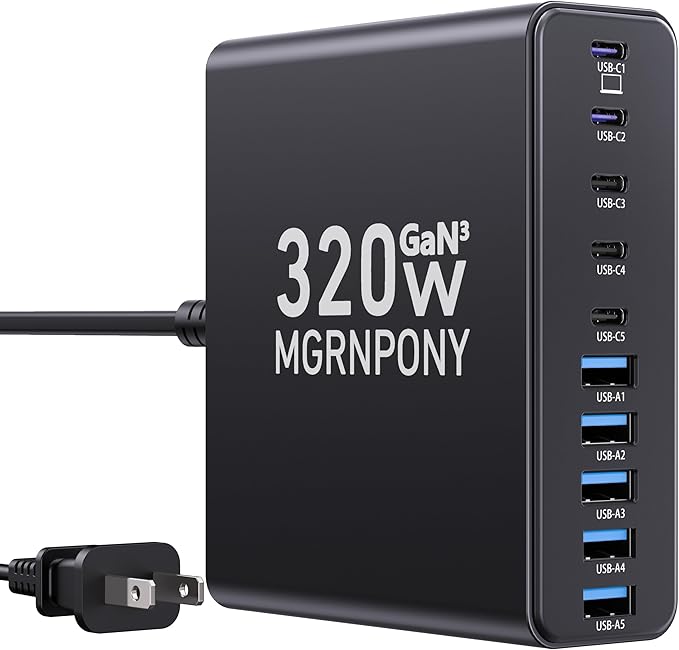 320W USB C Charger Block, 10-Port USB C Charging Station GaN III PD 65W PC Laptop Fast Charger Adapter for MacBook Pro/Air, DELL, iPad, iPhone, Samsung Galaxy Black