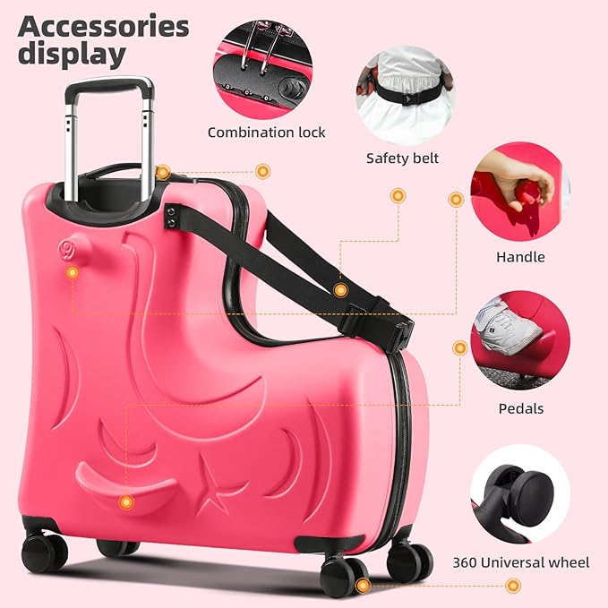 Ride on Hard Shell Kids Luggage with 4 Spinner Wheels for Girls and Boys, Rolling Childrens Travel Suitcase with Seat and Safety Belt for Toddler Ages 6-12, Checked size 25 Inch, Red