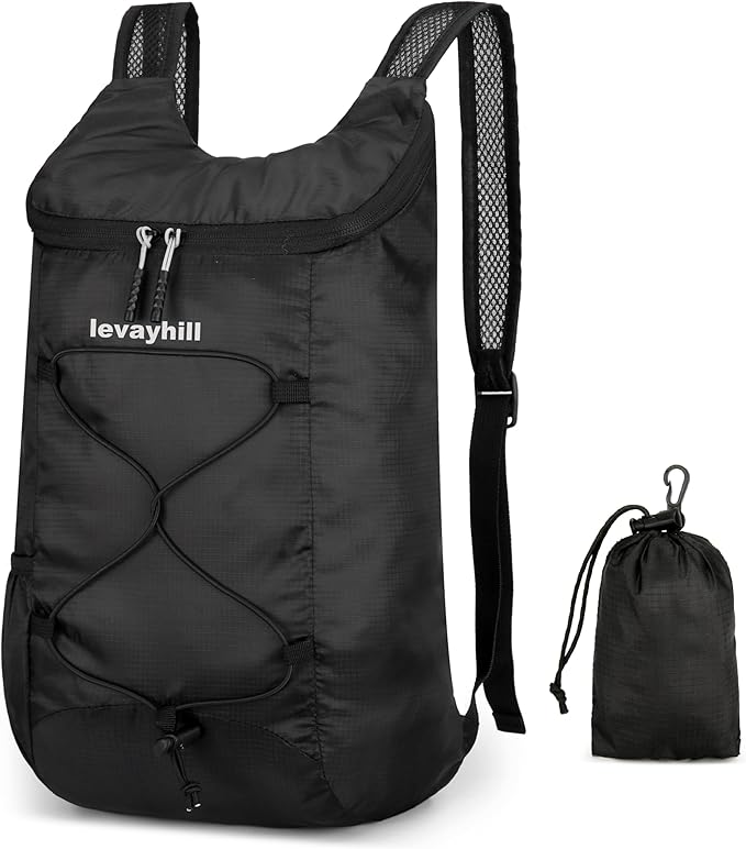 16L Hiking Daypack Lightweight Foldable Travel Backpack Water Repellent Camping Outdoor Packable Easy Carry-on Bag (Black)