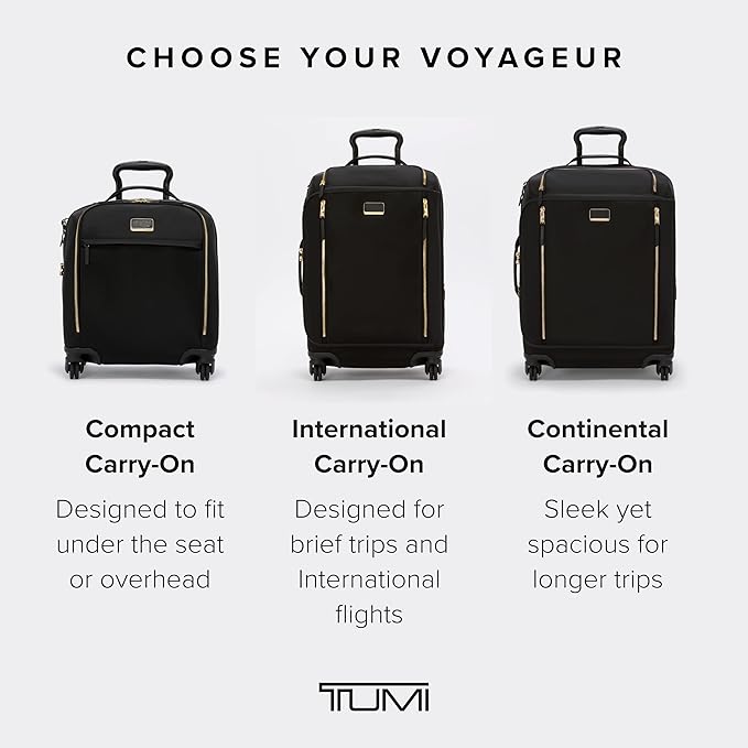 TUMI - Voyageur Leger 4 Wheeled Luggage - Women's Lightweight and Spacious, Sleek Silhouette, Durable Premium Suitcase - 21.8" Continental Expandable Carry-On, Black with Gold Hardware