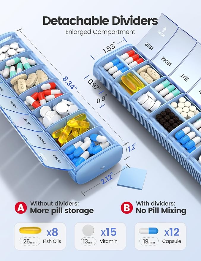 Vaydeer 7 Day Weekly Pill Organizer (Support 2 Times a Day), Metal Travel Pill Case, Large Capacity Daily Cute Pill Box for Supplements, Pills, Vitamins and Medication (Purple), 8.3*2.1*1.2 Inch