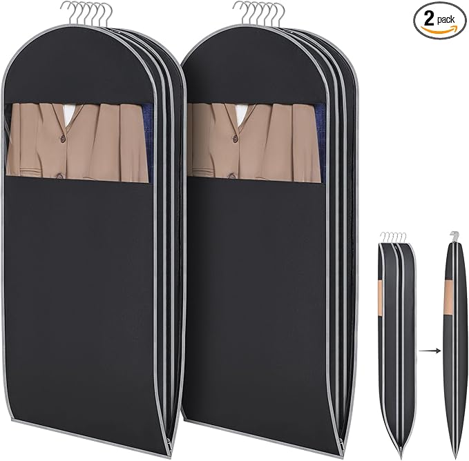 KEEGH Space Saving Hanging Garment Bag with Self Compression Zipper, 50 Inch Garment Bags for Hanging Clothes with Clear Window, Suit Bags for Closet Storage (2 Pack)