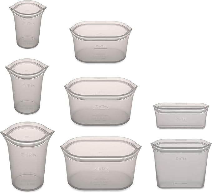 Zip Top Reusable Food Storage Bags | Full Set of 8 [Gray] | Silicone Meal Prep Container | Microwave, Dishwasher and Freezer Safe | Made in the USA