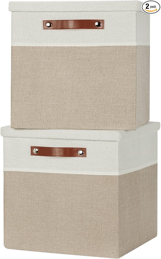 Temary Fabric Storage Bins with Lids 13 Inch Storage Cubes with Lid, Decorative Foldable Storage Boxes for Clothes, Closet Organizers (White&Khaki, 13x13x13inch)