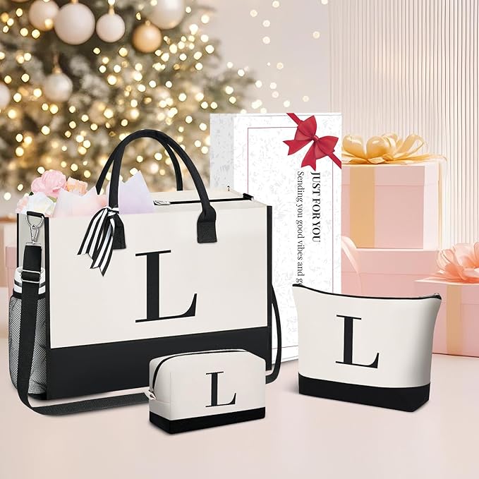 BAGAIL Initial Tote Bag, Personalized Birthday Gifts for Women, Teacher, Friends, Mom, Wedding, Monogrammed Beach Bag