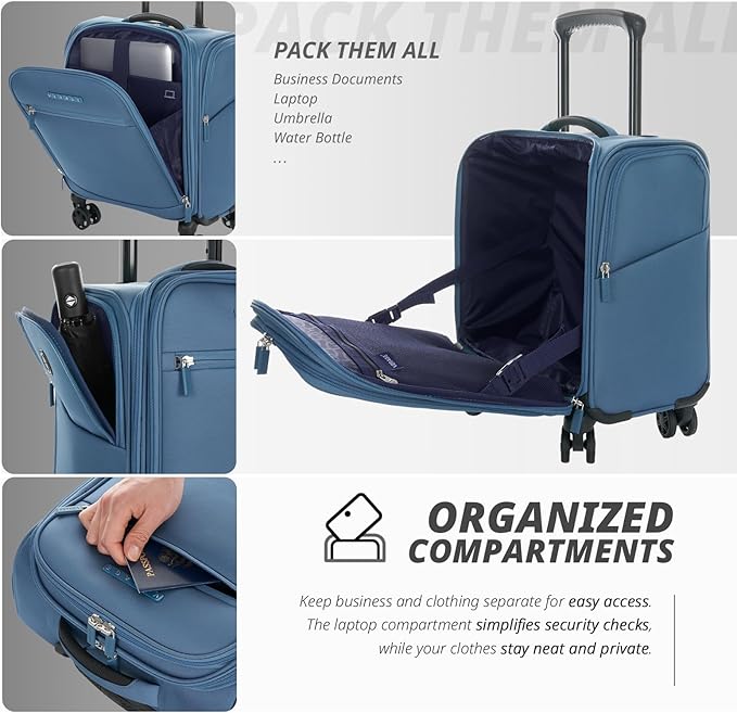 Verage Under Seat Luggage with Wheels, Softside Small Suitcase Spinner Carry On Luggage Bags for Airlines Airplanes Short Trip Men Women (Coast Blue, 14.5-Inch Plus Underseat)