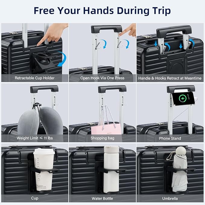 Hard Shell Suitcases Expandable Travel Luggage Sets 3 Piece, Carry on and Check in 3 Piece Luggage Suitcase Sets with Spinner Wheels Cup Holder Charger Built in (Black, 20/24/28)