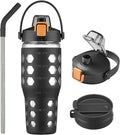 MUKOKO 32 oz Glass Tumbler with Straw,Glass Water Bottles with Time Marker,Iced Coffee Cup with 2 Lids-Handle Spout Lid&Straw Lid,Silicone Sleeve,Leakproof,1 Pack-Black