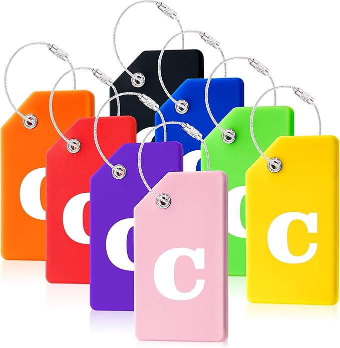 8 Pcs Luggage Tags for Suitcases, 26 Initial Letter Travel Luggage Baggage Identification Labels ID Tags Fully Bendable Tags with Stainless Steel Loop (Letter C, Colorful)