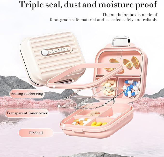 Travel Pill Organizer Box with Medicine Labels, 7 Compartments Portable Pill Case, Daily Medication Organizer Storage Pill Container for Pocket Pharmacy(Pink, L)