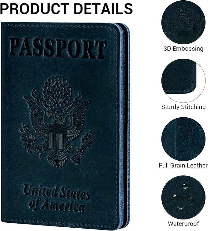 BIAOTIE Premium Leather Passport Holder Covers, Rfid Travel Wallet Passport Document Holder, Travel Essentials Wallet Cover Case for Men and Women (Blue)