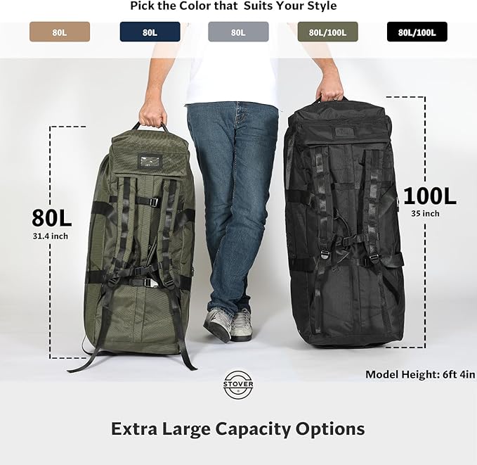 STOVER 100L Rolling Duffel Bag with Wheels, X-Large 32 Inch Durable Travel Duffle + Toiletry Bag, Heavy Duty, Packable w/Shoulder Straps- Use as Luggage or Backpack, Men/Women (Black)