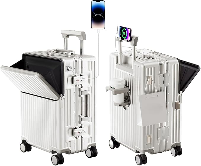 Hard Shell Luggage 20 Inch Travel Luggage, Carry-On Luggage Spinner TSA with Lid, PC+ABS Aluminum Frame，Lightweight Travel Luggage 20'' 24'' 26''Carry-On (upgraded white, 20 inch)