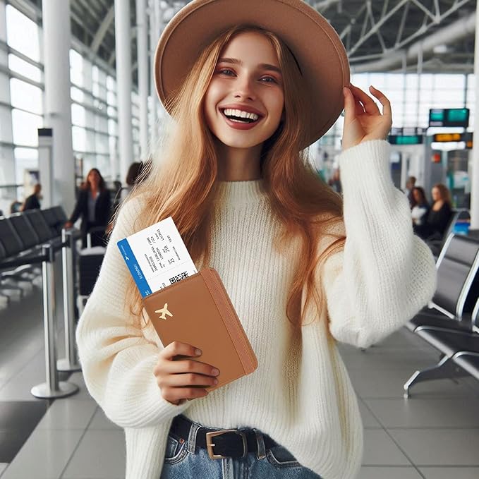 Passport Holder for Travel, Rfid Passport Cover Case, Passport Wallet Women Travel Essentials Accessories Document Organizer with Elastic Band, Brown
