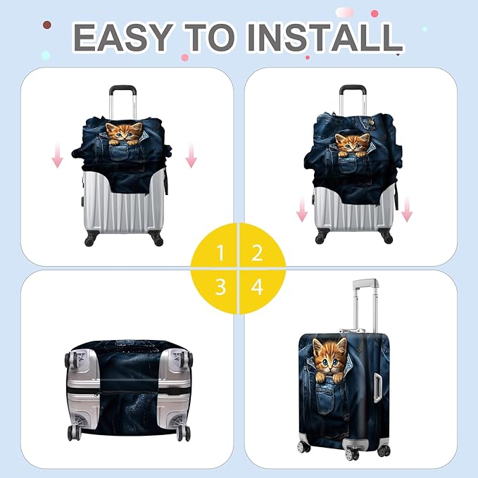 ANNA QUEEN Cute Kitten in Pocket Luggage Cover, Funny Cat Suitcase Protector with Denim Print, Stretchable & Washable Spandex Travel Cover for 28-30 Inch Luggage