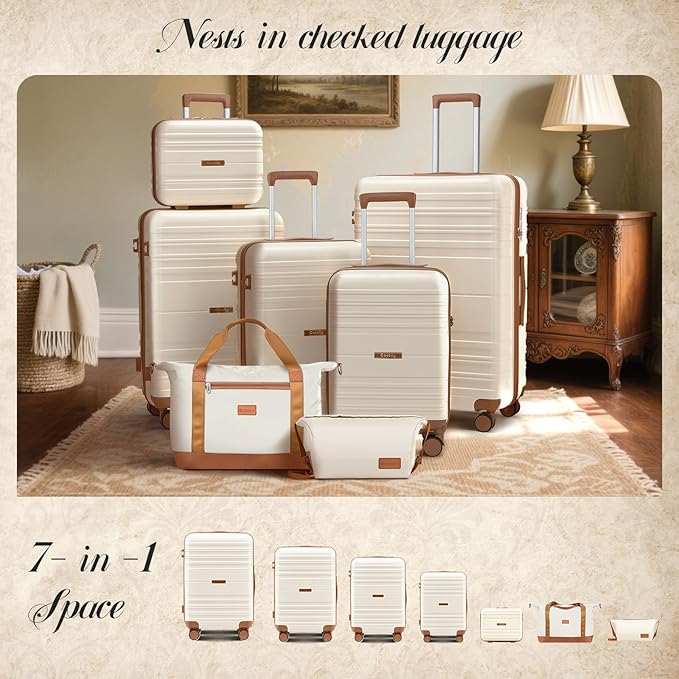 Luggage Sets with spinner wheels, PC+ABS Hard Shell Travel Luggage,Lightweight Carry-on suitcases with TSA Lock,YKK Zippers (Light purple, 7 piece sets（14/18/20/24/28/DB/TB）)