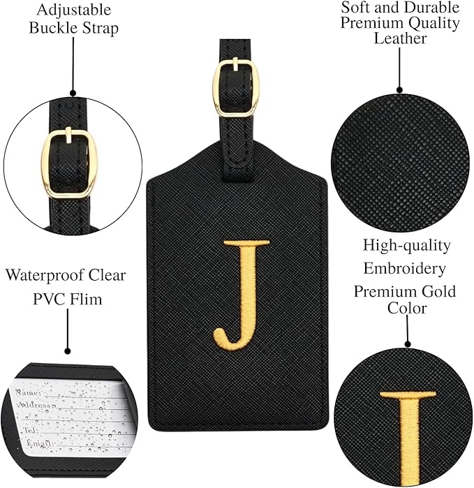 Luggage Tag PU Leather for Suitcase Baggage Handbag Travel Bag Label Suitcase Tag Label Tag w. Name Card & Privacy Cover (J)