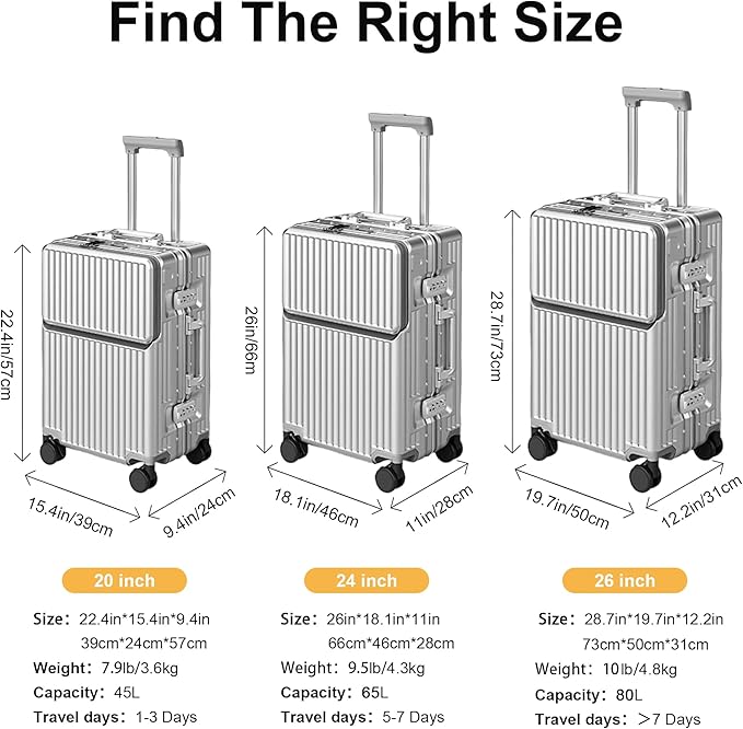Hard Shell Luggage 24 Inch Travel Luggage, Carry-On Luggage Spinner TSA with Lid, PC+ABS Aluminum Frame，Lightweight Travel Luggage 20'' 24'' 26''Carry-On (upgraded silver, 24 inch)