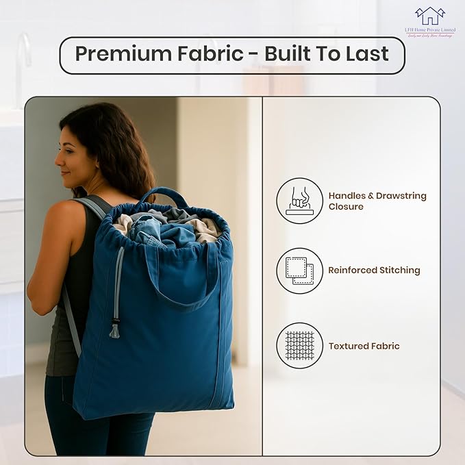 LFH Home Cotton Canvas Large Laundry Bag with Handle, Heavy Duty Drawstring Closure Washable Laundry Bags, School Travel, Home, Hotel, College Dorm, Organizer Sack, Toys Clothes 24x36-Sky Blue