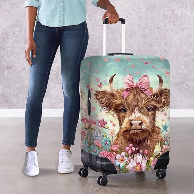 Highland Cow Suitcase Cover Flower Suitcase Protector Fits 26-29 Inch Luggage(Size L) Anti-Scratch Washable Spandex Luggage Cover Stretchable Suitcase Covers with Zipper