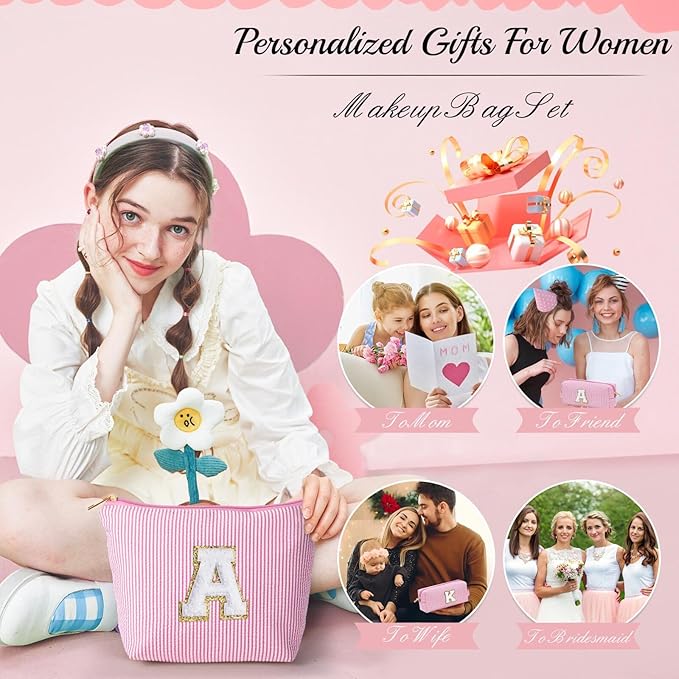 YOOLIFE Personalized Makeup Bag for Women - Monogram Cosmetic Bag Travel Toiletry Bag Brush Holder Birthday Gifts for Women Her Wedding Bridesmaid Friend Sister Teacher Wife Grandma Pink Initial E