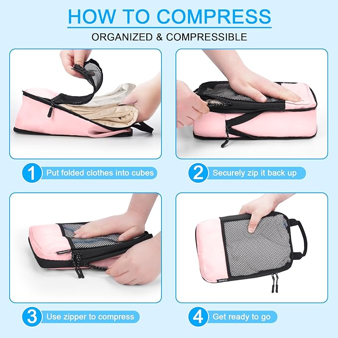 4 PCS Set Compression Packing Cubes for Travel, Lightweight Packaging Organizer Bags for Carry On Space Saving, Travel Essentials Cubes for Suitcase Backpack, Pink