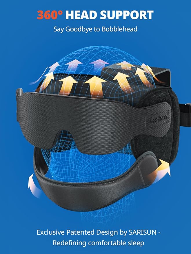 Travel Pillow Combo with Chin Strap, Airplane Pillows with 3D Eye Mask for Sleeping, 360° Support Plane Head Strap for All Plane Seats, Long Flights Essentials, Stop Bobblehead, Mottle Blue