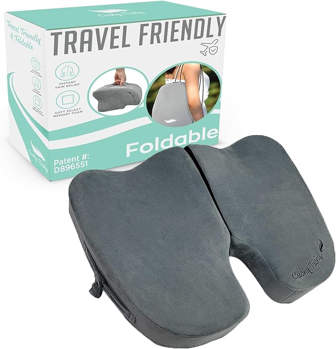 Premium Foldable Travel Seat Cushion - for Relief of Lower Back, Sciatic, Butt and Tailbone Pain - for Home & Office Use, Perfect for Travel or Driving - Coccyx Seat Cushion