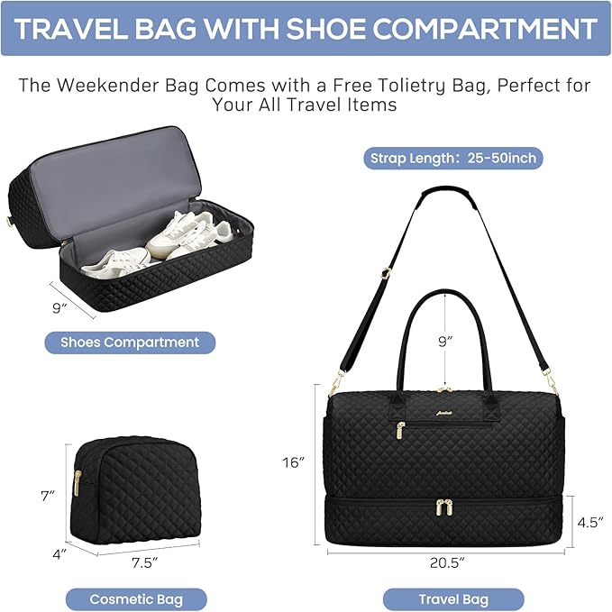 Travel Weekender Bags for Women - Duffle Bag Women with Shoe Compartment Carry On Overnight Bag with Toiletry Bag Duffel Bags with Wet Pocket for Gym Hospital Bags for Labor and Delivery Black