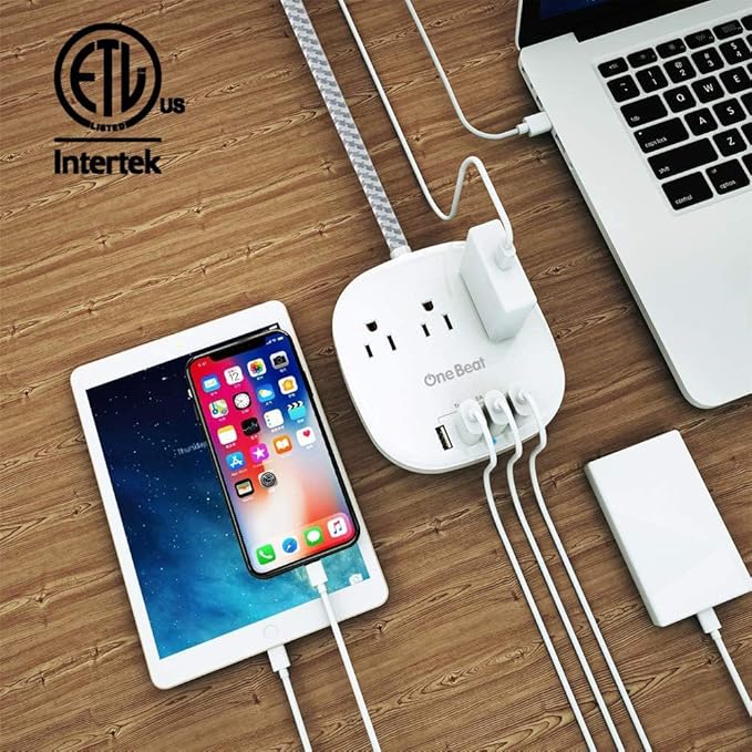 Desktop Power Strip with 3 Outlet 4 USB Ports 4.5A, Flat Plug and 10 ft Long Braided Extension Cords for Cruise Ship Travel Home Office, ETL Listed