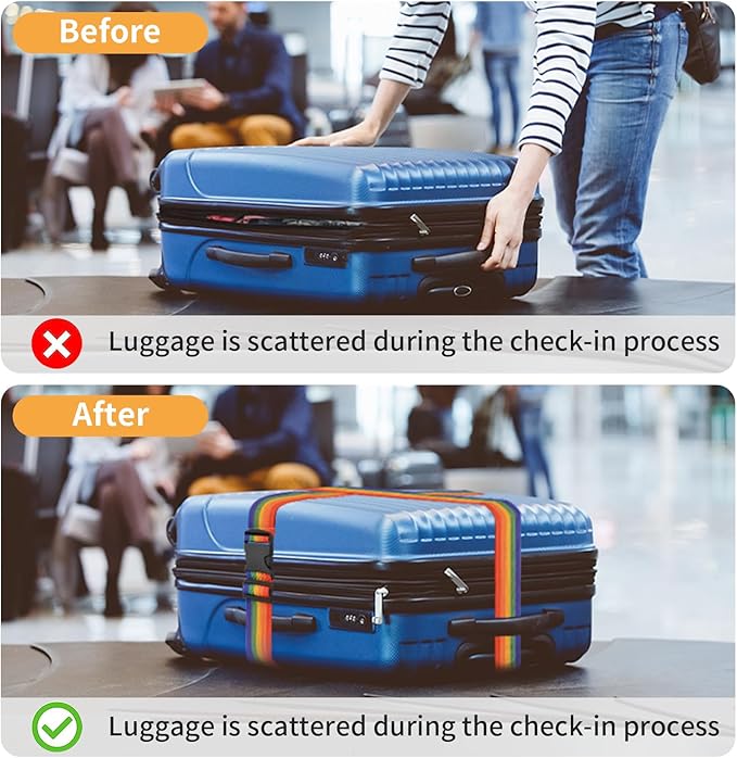BILIONE Luggage Straps Belts TSA Approved Keep Suitcase Secure While Traveling, 79" Long Add a Bag Premium Accessory for Travel Bag Closure, 2 Pack Rainbow