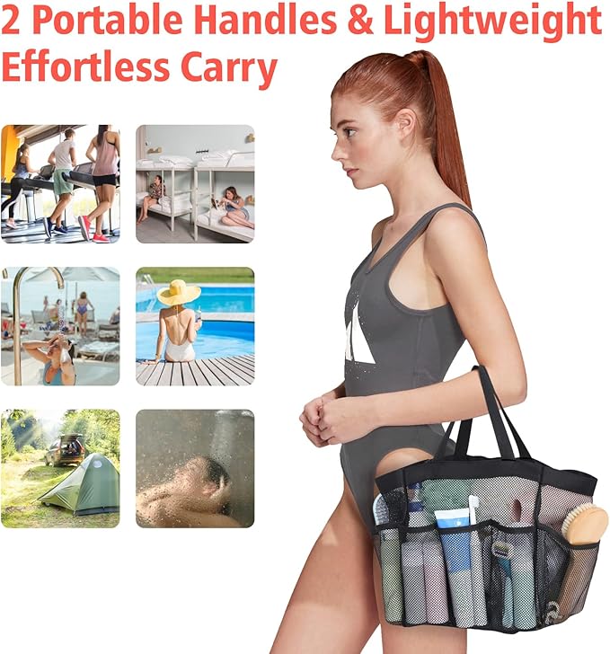 F-color Mesh Shower Caddy Portable, Upgrade Deeper 7 Pockets Shower Bag Basket Tote for College Dorm Room Bathroom Essentials Gym Camp Quick Dry 2 handles with S Hook, 2 Pack Black