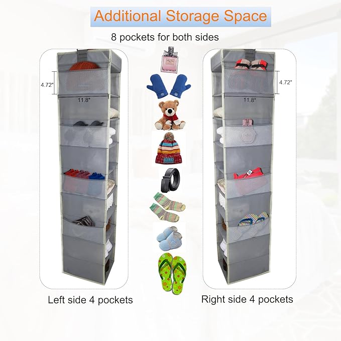 Large-Sized Hanging Shoe Organizer 10-Shelf, Sturdy Hanging Closet Organizer with 8 Side Pockets, Wider Hanging Shelves for Storage Shoes Clothes Jeans Shirts Toys, Grey