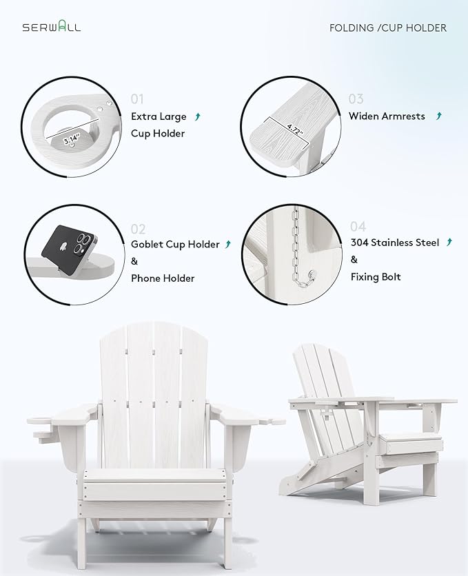 SERWALL Adirondack Chair with Cup Holders - Composite Adirondack Chairs Set of 8 HDPE Outdoor Chairs All Weather Use- White
