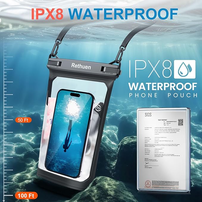 Large Floating Waterproof Phone Pouch, 2Pack Cell Phone Dry Bag for iPhone 16 15 14 13 12 Pro Max Galaxy S24 S23 S22 All Phones, Float Water Proof Bag for Beach Water Park (Black + Pink)