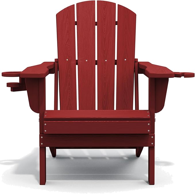 SERWALL Adirondack Chair with Cup Holders - Composite Adirondack Chairs Set of 4 HDPE Outdoor Chairs All Weather Use- Dark Red