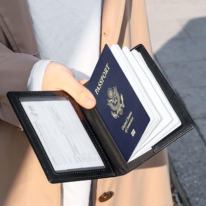 TIGARI Passport Holder for Travel Women Men, PU Leather Passport Wallet Cover Case Sleeve, Waterproof Protected Document Organizer, Family Vacation Plane Cruise Travel Essentials-Black