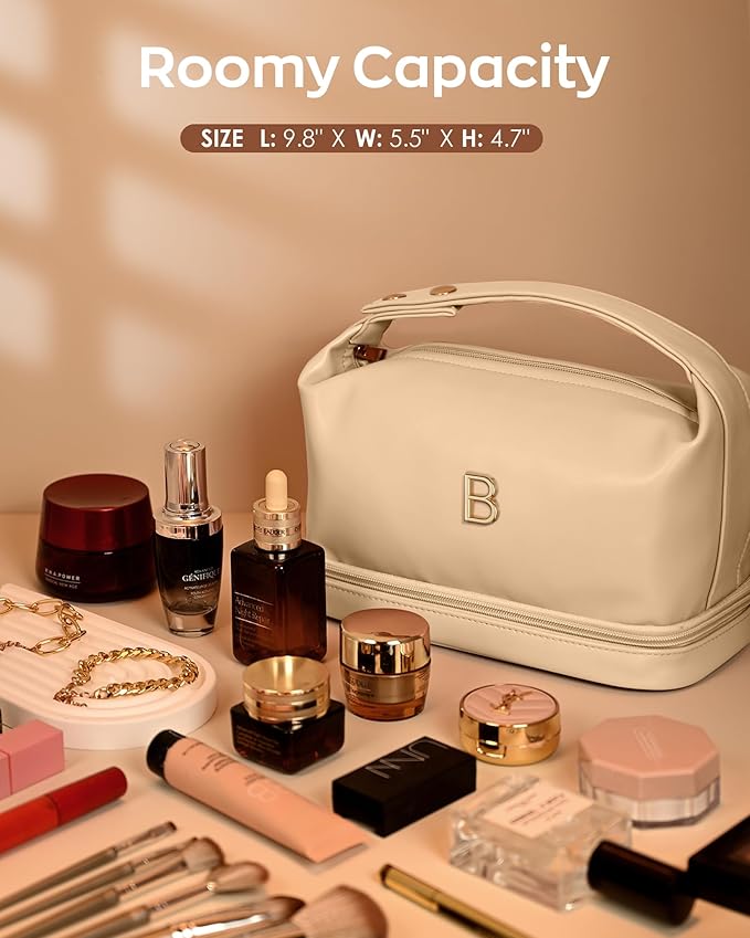 Personalized Makeup Bags， Personalized Bags with Handle, Waterproof Double Layer Cosmetic Bag, Large Capacity PU Leather Makeup Bags Letter Travel Toiletry Bag with Makeup Brush Organizer