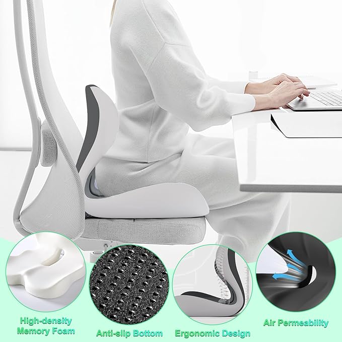 Buttocks Cushion for Office Chair Memory Foam Seat Pad for Butt Support Tailbone Relief Ergonomic Chair Cushion for Home Car Travel or Work (Double Gray)