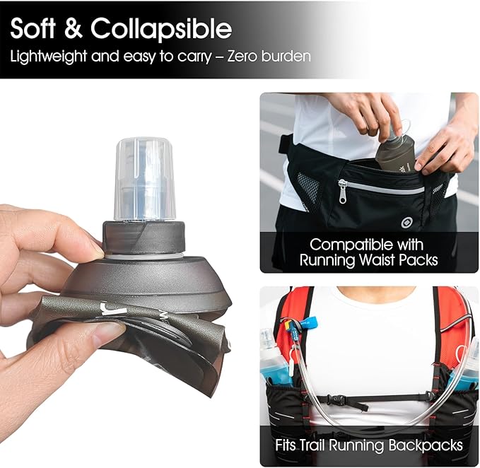 GYGYL Soft Flask, TPU Collapsible Soft Water Bottle for Hydration Pack, Running Vest, Leak-Proof Folding Water Bottle for Hiking Cycling Climbing Jogging-500ml Grey